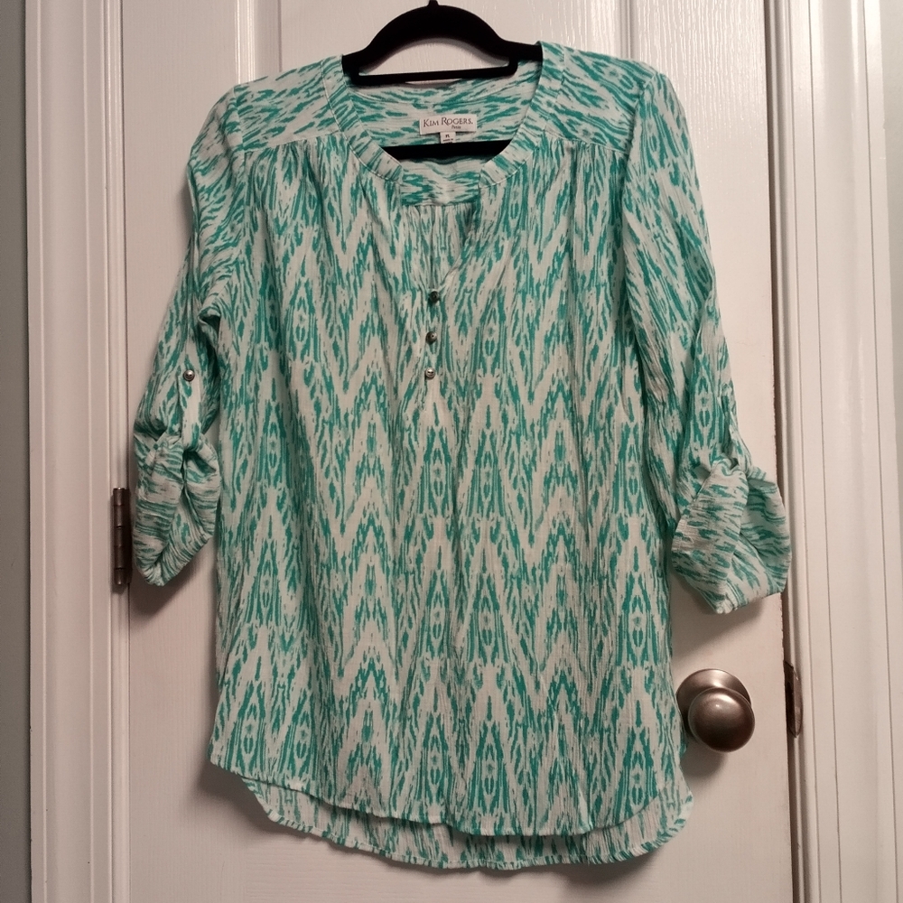 Kim Rogers Women's PL Green Patterned Women's Top Quarter Button Office